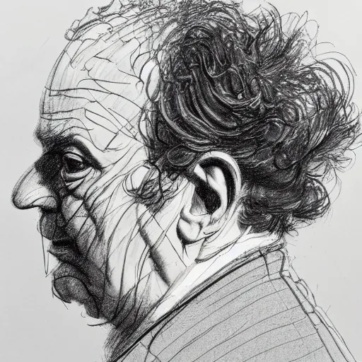 Prompt: a realistic yet scraggly portrait sketch of the side profile of a stern and sophisticated larry fine, trending on artstation, intricate details, in the style of frank auerbach, in the style of sergio aragones, in the style of martin ansin, in the style of david aja, in the style of mattias adolfsson