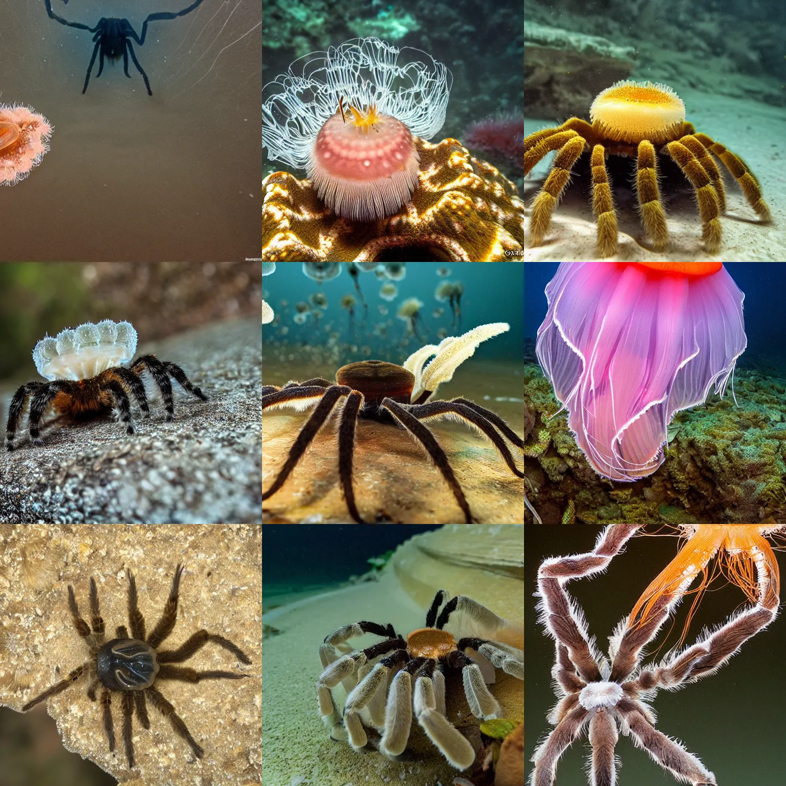 Prompt: a tarantula-jellyfish, wildlife photography