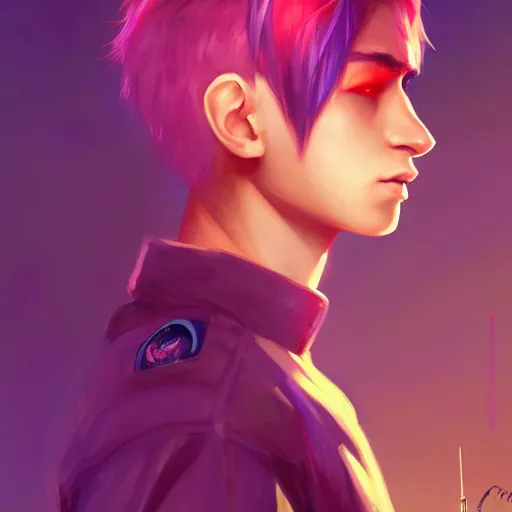 Image similar to colorful and festive captivating teenager boy with straight purple hair, purple eyes with red eye markers, slim body, wearing japanese combat clothes. rich vivid colors, ambient lighting, dynamic lighting, 4 k, atmospheric lighting, painted, intricate, highly detailed by charlie bowater