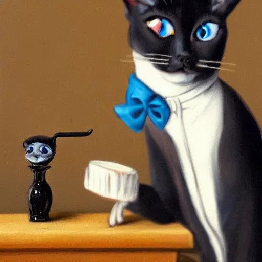 Prompt: a black - faced, blue - eyed siamese cat wearing a monocle, bow tie and smoking a pipe - n 4