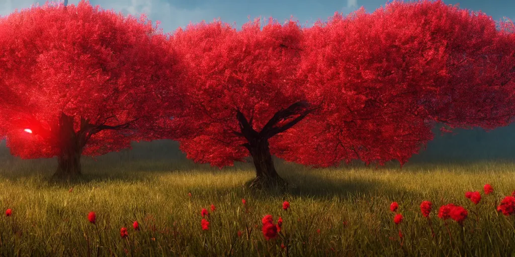 Image similar to a big red tree in the middle of a battlefield near a bunch of red flowers at sunrise, hyperrealistic, concept art, octane render, unreal engine 5, trending on Artstation, high quality, 8K, dramatic lighting, cinematic, high coherence, highly detailed, Midjourney style, epic scene, path traced, low contrast, complementary colors