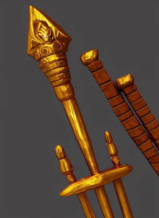 Prompt: rpg item render, a single egyptian wood staff made of gold, ancient symbols, bright, Unreal 5, DAZ, hyperrealistic, octane render, dynamic lighting