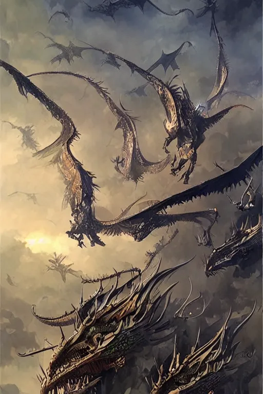 Image similar to sky filled with a swarm of angry western dragons, painting by stephan martiniere