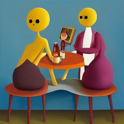 Prompt: a painting of three people sitting at a table, a surrealist painting by goro fujita, behance contest winner, pop surrealism, surrealist, hall of mirrors, art on instagram