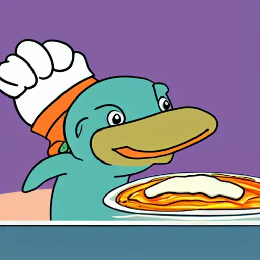 Image similar to comic cute platypus on a kitchen wearing a chef hat and holding a lasagna into an oven, comic style