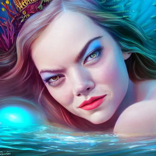 Image similar to emma stone portrait, fantasy, mermaid, hyperrealistic, game character, underwater, highly detailed, sharp focus, cinematic lighting, pearls, glowing hair, shells, gills, crown, water, highlights, starfish, jewelry, realistic, digital art, pastel, magic, fiction, ocean, king, colorful hair, sparkly eyes, fish, heroic, god, waves, bubbles