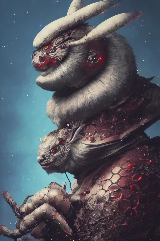 Prompt: a portrait of a sci fi japanese devil animal illustrated by miyazaki by karol bak, james jean, tom bagshaw, rococo, sharp focus, trending on artstation, cinematic lighting, hyper realism, octane render, 8 k, hyper detailed, vivid, ultra detailed, highly detailed