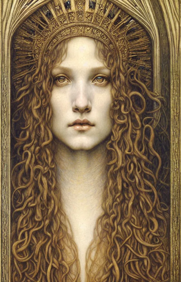 Image similar to detailed realistic beautiful young medieval queen face portrait by jean delville, gustave dore and marco mazzoni, art nouveau, symbolist, visionary, gothic, pre - raphaelite. horizontal symmetry