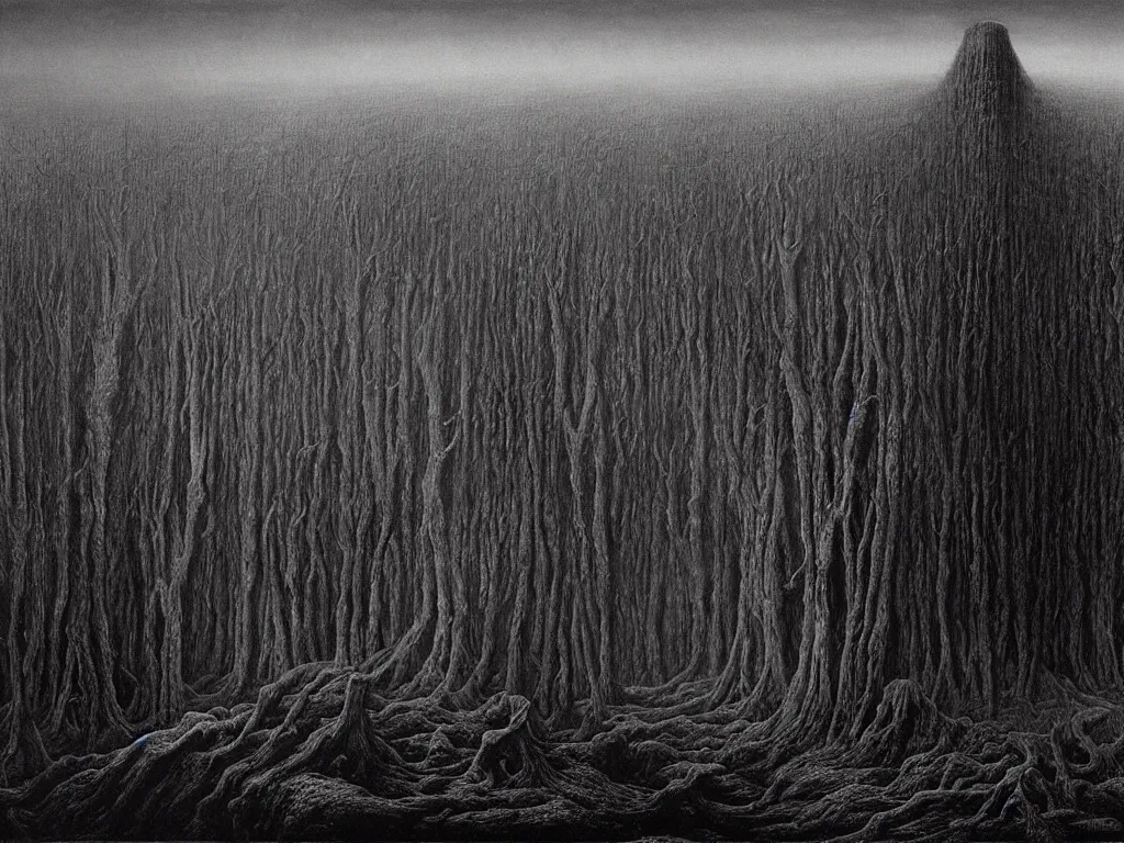 Image similar to a dark dystopian fantasy landscape, by zdzisław beksinski and hr giger, horror, epic