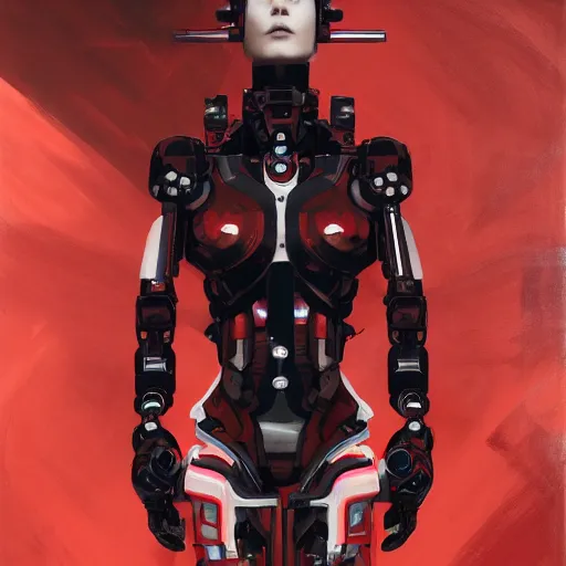 Image similar to potrait of a cyborg with black and red robotic parts, medium shot, asymmetrical, profile picture, organic painting, very anime, during night, matte painting, bold shapes, hard edges, street art, trending on artstation, by huang guangjian and gil elvgren and sachin teng