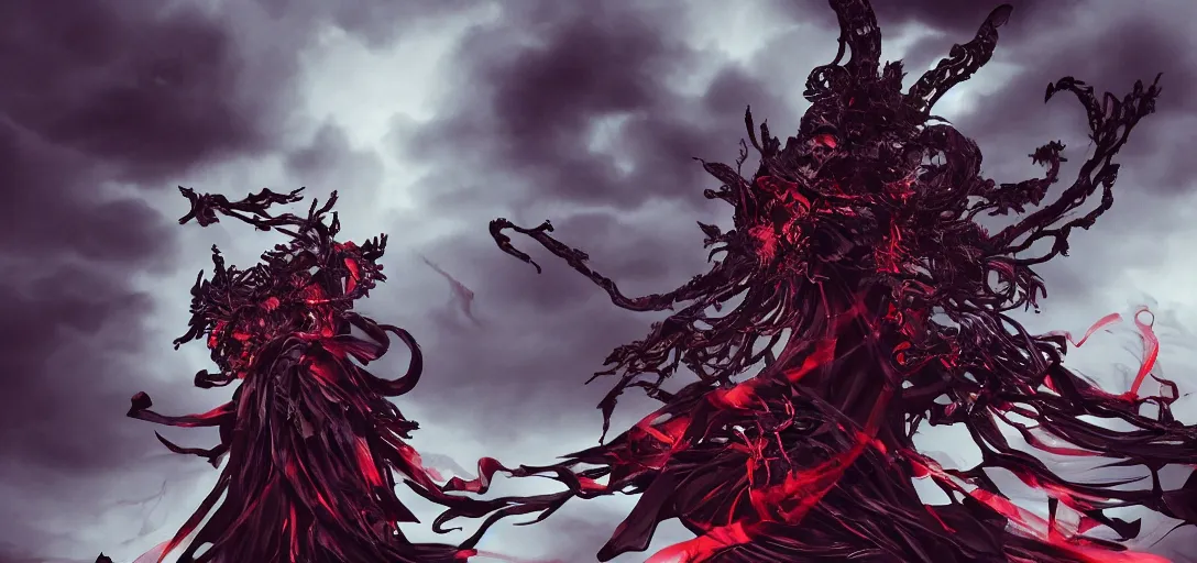 Prompt: a dark Shinigami 死神 , kintsugi, WLOP style, symmetrical, centered, dramatic angle, ornate, details, smooth, sharp focus, illustration, realistic, cinematic, artstation, award winning, rgb , unreal engine, octane render, cinematic light, macro, depth of field, blur, red light and clouds from the back, 8K,