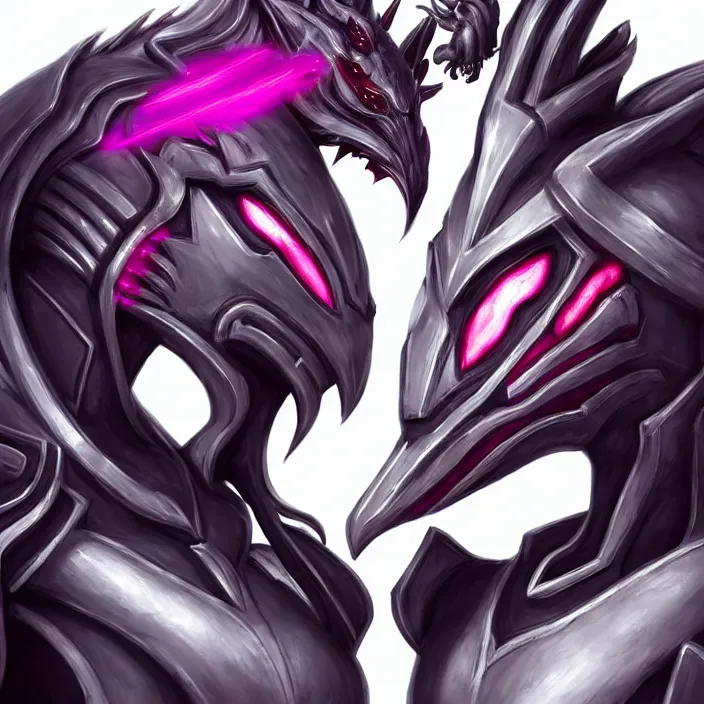 Prompt: cinematic bust shot, two giant elegant beautiful stunning sexy anthropomorphic mecha female dragons, kissing together, dragon kissing, close up, first dragon with sharp silver armor and teeth, second dragon with sleek silver armor fuchsia skin, detailed kiss, anthro art, warframe destiny fanart, furry art, dragon art, macro art, furaffinity, deviantart, sofurry