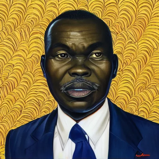 Image similar to a painting of a wide forehead, round face, XXL , smirky, fatherly, loving, caring, generous, ever-present, humble, wise elder from Kenya in a suit by Kehinde Wiley . Fatherly/daddy, focused, loving, leader, relaxed,. ethereal lights, details, smooth, sharp focus, illustration, realistic, cinematic, artstation, award winning, rgb , unreal engine, octane render, cinematic light, macro, depth of field, blur, red light and clouds from the back, highly detailed epic cinematic concept art CG render made in Maya, Blender and Photoshop, octane render, excellent composition, dynamic dramatic cinematic lighting, aesthetic, very inspirational, arthouse.