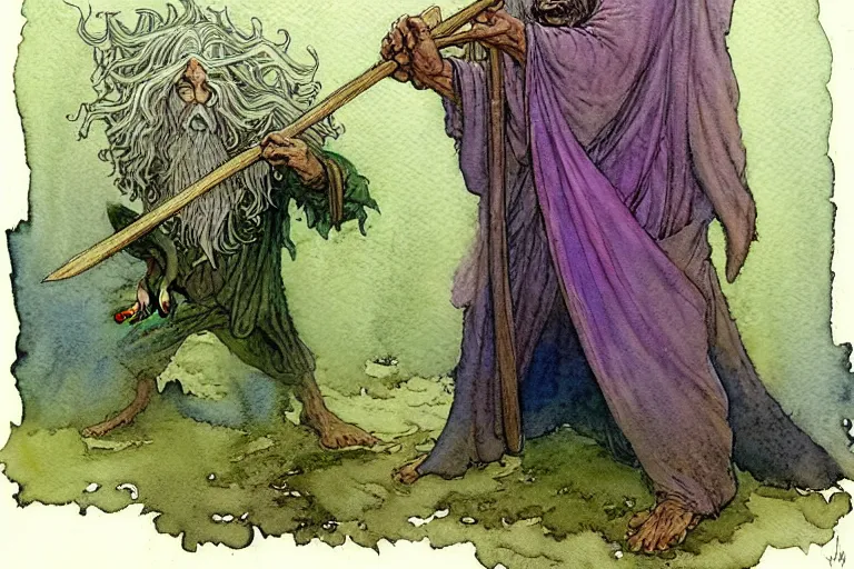 Image similar to a realistic and atmospheric watercolour fantasy character concept art portrait of gandalf with pink eyes freaking out with a pot leaf nearby, by rebecca guay, michael kaluta, charles vess and jean moebius giraud