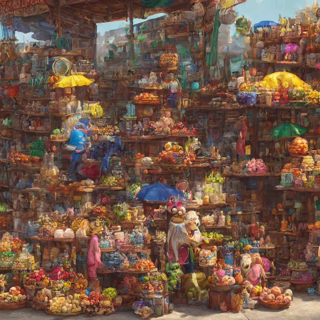 Prompt: a beautiful portrait painting of weird happy monster merchant in an outdoor bazaar by james gurney | unreal engine :. 3