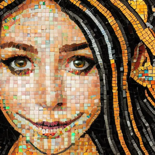 Image similar to portrait mosaic of a beautiful cute young woman with robot ears and eyes, 4k, intricate details