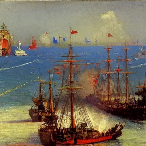 Prompt: british ships fire cannon at port of Lagos, from above, 1905, brightly coloured oil on canvas, by ilya repin