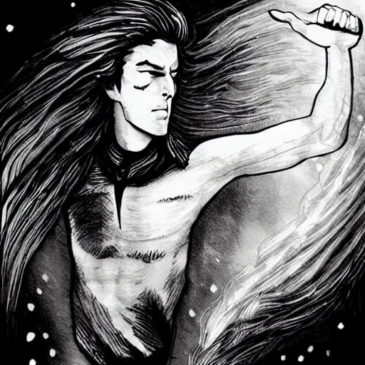 Prompt: black and white pen and ink!!!!!!! Twin Peaks Black Lodge goetic vampire handsome man golden!!!! Vagabond!!!! floating magic swordsman!!!! glides through a beautiful!!!!!!! liquid magic floral crystal battlefield dramatic esoteric!!!!!! Long hair flowing dancing illustrated in high detail!!!!!!!! by Moebius and Hiroya Oku!!!!!!!!! graphic novel published on 2049 award winning!!!! full body portrait!!!!! action exposition manga panel black and white Shonen Jump issue by David Lynch eraserhead and beautiful line art Hirohiko Araki!! Rossetti, Millais, Mucha, Jojo's Bizzare Adventure