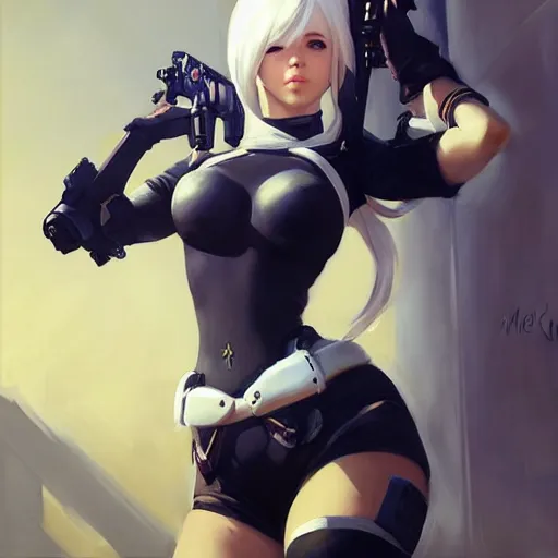 Image similar to greg manchess portrait painting of yorha no. 2 type b as overwatch character, medium shot, asymmetrical, profile picture, organic painting, sunny day, matte painting, bold shapes, hard edges, street art, trending on artstation, by huang guangjian and gil elvgren and sachin teng