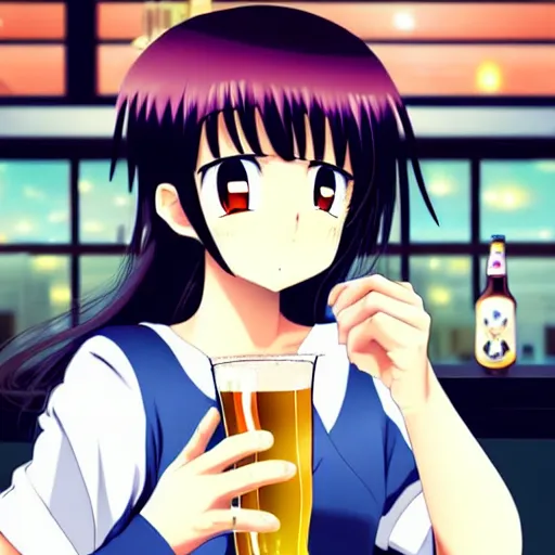 Image similar to Wholesome and masculine looking anime girl at a bar drinking a beer, warm glow from the lights, angle that looks up at her from below, deviantart, pixiv, detailed face, smug appearance, beautiful anime, detailed anime eyes with pupils, in the style of 90s anime, heavy focus on 90s and early 2000s style of anime, Sailor Moon style