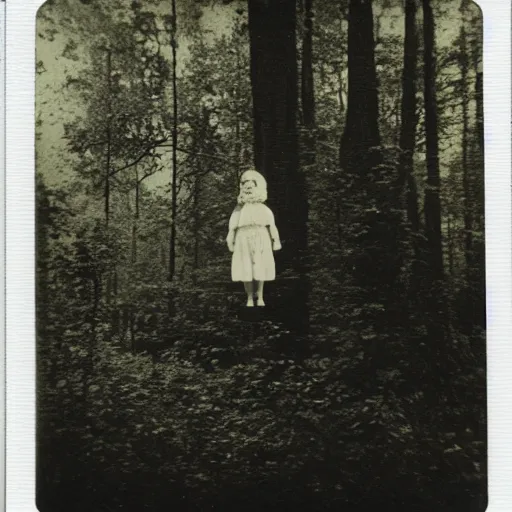 Image similar to Polaroid photo of a distant ominously glowing Victorian child floating ten feet above the ground in a thick forest