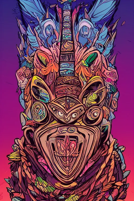 Image similar to totem animal mask tribal feather gemstone plant wood rock shaman vodoo video game vector illustration vivid multicolor borderlands comics by josan gonzales and dan mumford radiating a glowing aura