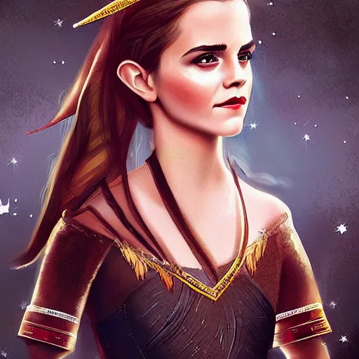 Prompt: “ emma watson as a gorgeous elf queen, digital art ”