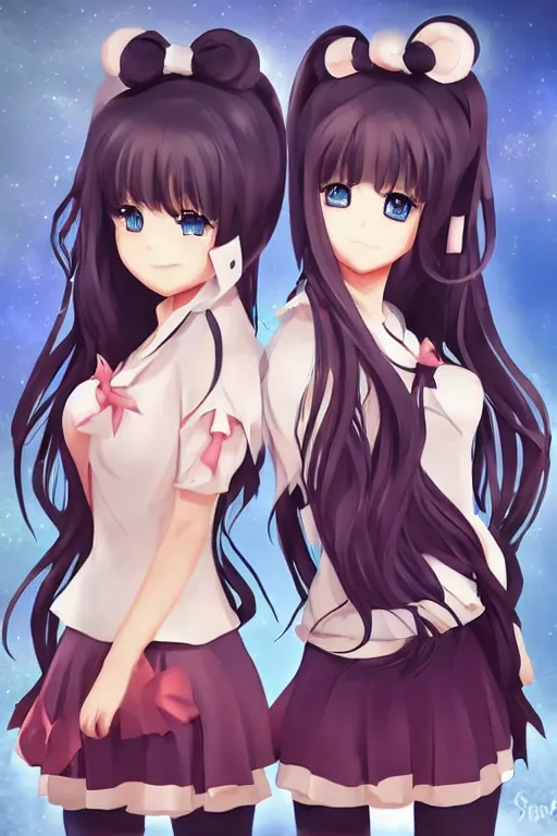 Image similar to two beautiful female idols with twintails standing chest to chest, dark background, soft anime art