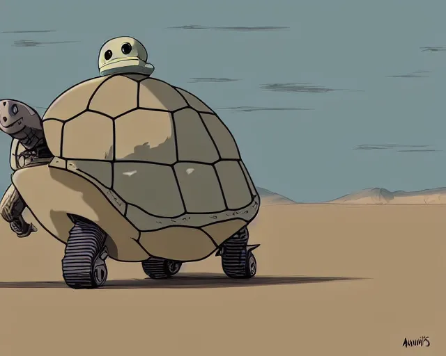 Prompt: a study of cell shaded cartoon of a grey mechanized turtle from howl's moving castle ( 2 0 0 4 ) on a desert road, full body, wide shot, muted colors, post grunge, studio ghibli, laurie greasley, highly detailed, deviantart, art by artgem