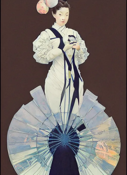 Prompt: a copic maker art nouveau portrait of a japanese girl detailed features wearing a puffy futuristic weeding dress designed by balenciaga by john berkey, norman rockwell akihiko yoshida