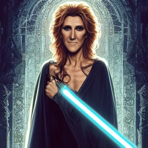 Prompt: perfectly - centered - portrait of celine dion wearing white cloak holding light saber, intricate, highly detailed, digital painting, artstation, concept art, smooth, sharp focus, illustration, unreal engine 5, 8 k, art by artgerm and greg rutkowski and alphonse mucha