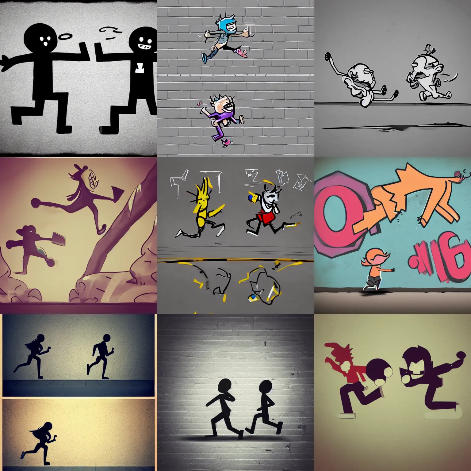 Prompt: simplistic graffiti of two persons running, svg, behance, devianart, artstation, dribble, creary, ello, cgsociety, drawcrowd, pixiv, concept art world, our art corner, newgrounds, doodle addicts, penup