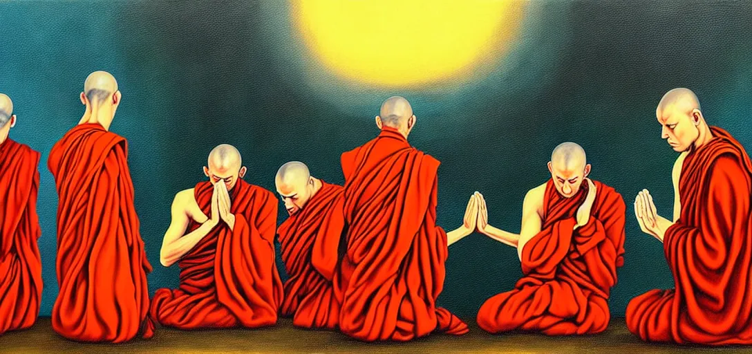 Image similar to dystopian surreal painting of monks praying