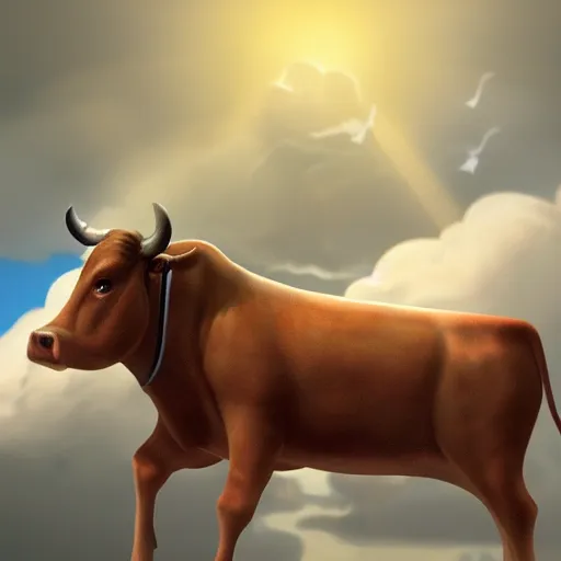 Image similar to digital art, trending on artstation, a cow wearing a cape flying in the sky with clouds