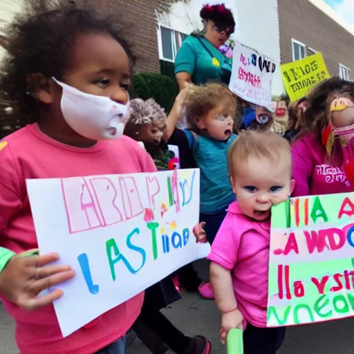 Prompt: babies protesting in front of a daycare