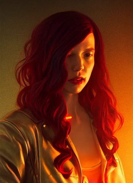 Image similar to pretty young woman with shoulder length shiny shimmering dark red hair and wearing a stuffed leather jacket with the glow of neon lights illuminating her, path traced, highly detailed, high quality, digital painting, by cd projekt red, cyberpunk, leesha hannigan, makoto shinkai