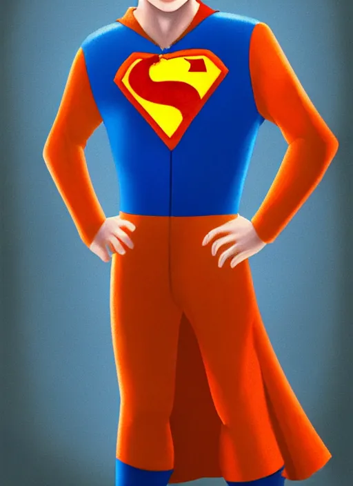 Image similar to friendly teenage archie andrews wearing an orange superhero costume with heart logo, heart, freckles, blue cape, heart emblem on chest, blue cape, intricate, elegant, glowing lights, highly detailed, digital painting, artstation, sharp focus, illustration, art by wlop, mars ravelo and greg rutkowski