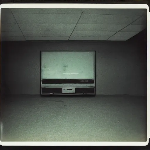 Prompt: dark concrete room with a tv on the ground, the tv has a face obscured by static on a dark background, creepy, eerie, old polaroid, expired film,