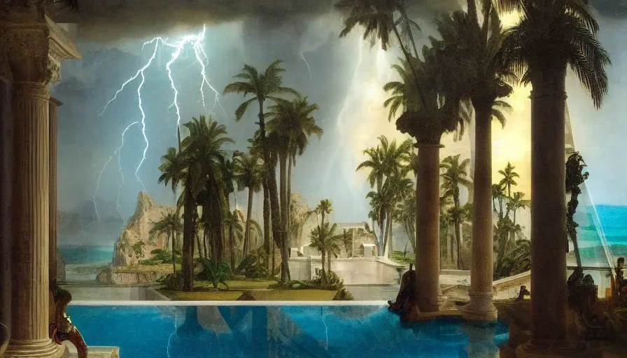 Image similar to Inside the Palace of the occult, mediterranean balustrade and columns, refracted sparkles, thunderstorm, greek pool, beach and Tropical vegetation on the background major arcana sky and occult symbols, by paul delaroche, hyperrealistic 4k uhd, award-winning, very detailed paradise