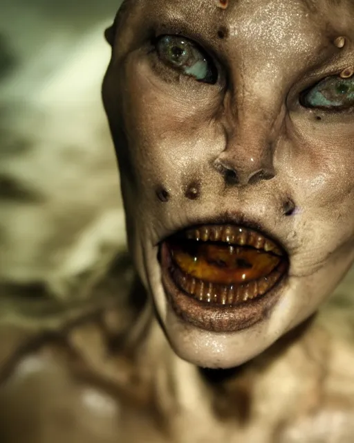 Image similar to detailed eyes, face of an underwater human descendant fishwoman, darkness, macro lens, very deep sea, mariana trench, teeth, dark, hd, dagon, fishpeople