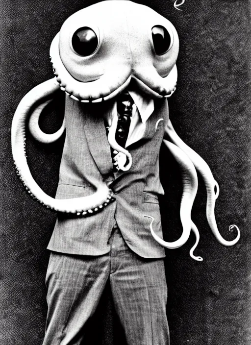 Image similar to anthropomorphic octopus , wearing a suit, tentacles spilling out of the collar, vintage photograph, sepia