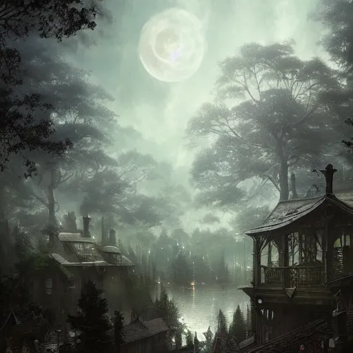 Image similar to a hidden village in the trees, victorian setting, dramatic light, clouds, moon, storm, night, high detail, fantasy background, painted by greg rutkowski, digital art, trending on artstation