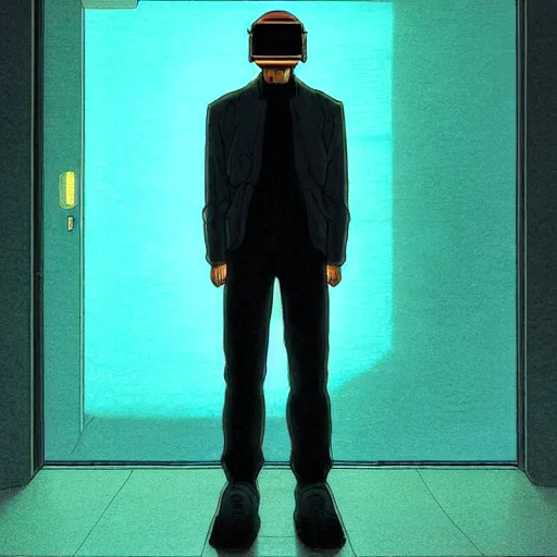 Image similar to a portrait of a cyberpunk man staring at the camera with dramatic lighting, by kawase hasui, moebius, edward hopper, unreal engine, colorful flat surreal design, hd, 8 k, artstation