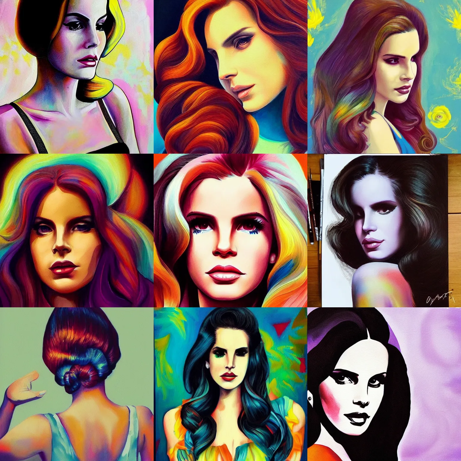 Prompt: Lana del Rey, smooth painting, art, detailed, colorful, smiling, beautiful hair, deep look, intense atmosphere