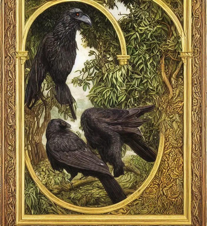 Image similar to a breathtakingly stunningly pre raphaelite beautifully highly detailed close up animal portrait of a majestic raven, in an forest arch with smokey water reflections, framed, by rosetti and devinci and morris and walter crane and michael cheval and sidney cooper and turner, 4 k