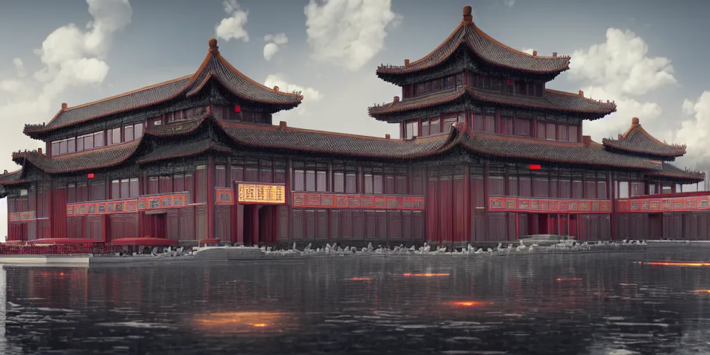 Image similar to ultra detailed photorealistic chinese palace, cinematic light, sci fi, glossy, cybernetic machines, futuristic decor, trending on artstation, global illumination, ultra realistic illustration, matte painting, high detailed, unreal engine, octane render, 4 k, hd, high quality