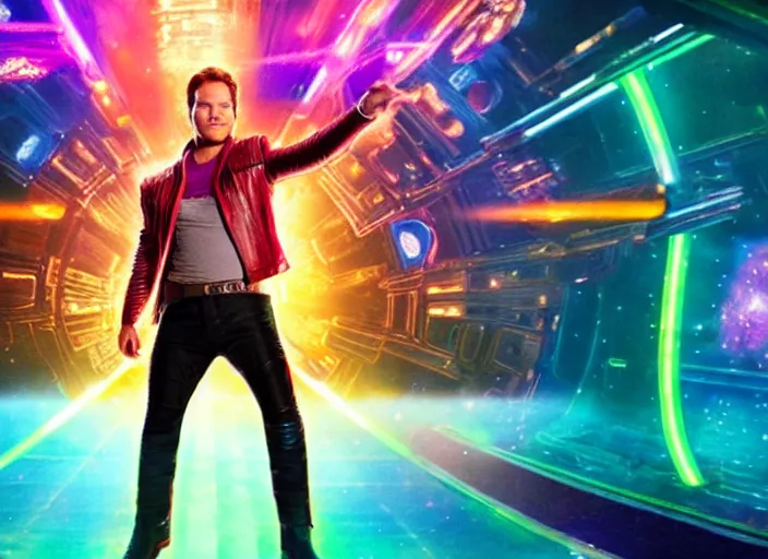 Image similar to film still of star - lord played by chris pratt dancing in a 1 9 7 0 s disco surrounded by colorful neon lights in the new guardians of the galaxy movie, 4 k
