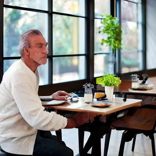 Prompt: Transhuman sitting in a dining room, sipping coffee, cybernetics active