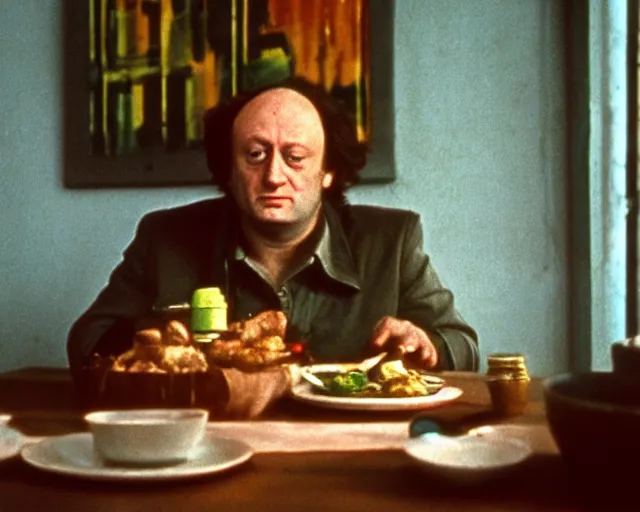 Image similar to 1 9 7 9 a soviet movie still a joseph brodsky sitting at a table with a plate of food in dark warm light, a character portrait by nadya rusheva, perfect symmetric coherent face, featured on cg society, neo - fauvism, movie still, 8 k, fauvism, cinestill, bokeh, gelios lens