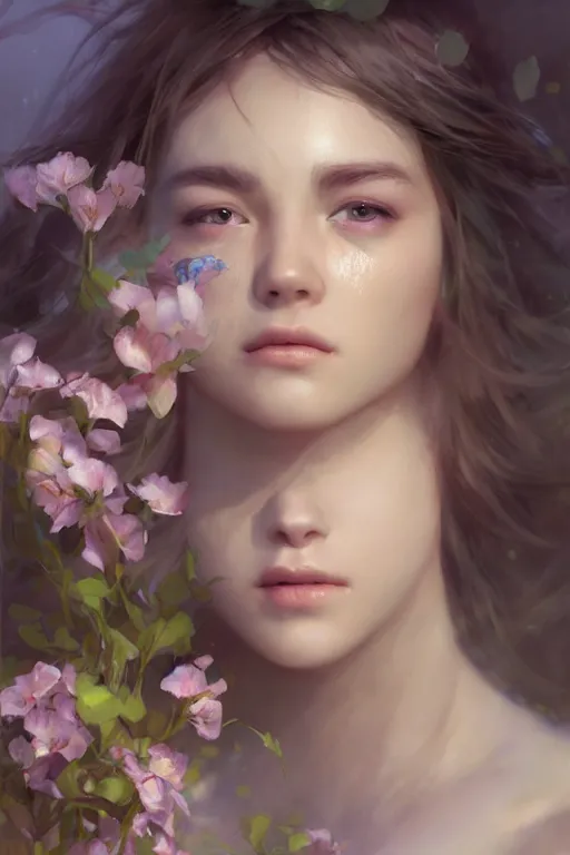 Image similar to face closeup a young beautiful girl nymph drowned in water, underwater photography, 3 d render, hyper realistic detailed portrait, holding magic flowers, ruan jia, wlop. scifi, fantasy, hyper detailed, octane render, concept art, by peter mohrbacher, by wlop, by ruan jia